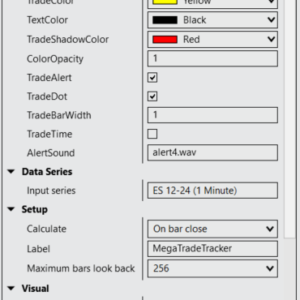 MegaTradeTracker settings panel showcasing customizable volume thresholds, alert options, color schemes, and display preferences