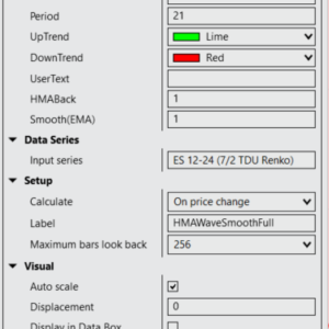HMAWaveSmooth indicator settings panel in NinjaTrader 8 with inputs for smoothing parameters and moving average periods