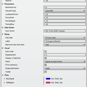 Customizable settings panel of the Divergence Spotter indicator in NinjaTrader