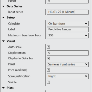 Predictive Ranges Indicator settings menu in NinjaTrader 8 with adjustable ATR multiplier and range styling options.