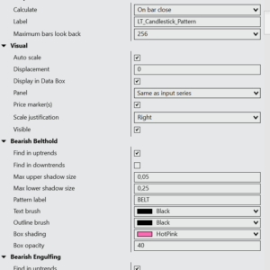 Indicator settings panel showing options to customize detected patterns and apply ZigZag filtering for noise reduction.