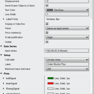 Customization panel for adjusting order block colors, transparency, and historical zone depth.