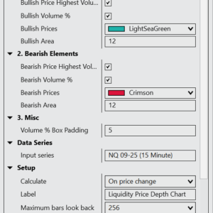 Settings panel for adjusting visible depth range, recalculation speed, and sentiment display options.