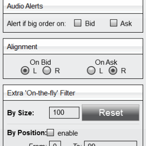 DOM Bricks settings panel for configuring bid/ask audio alerts and WAV file paths.