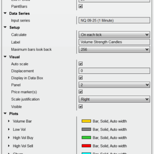 Screenshot of the customizable input settings panel for Volume Strength Candles in NinjaTrader 8.