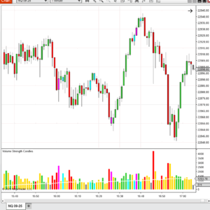 NinjaTrader chart showing color-coded bars for Climax Buying, Climax Selling, and Churn volume conditions.